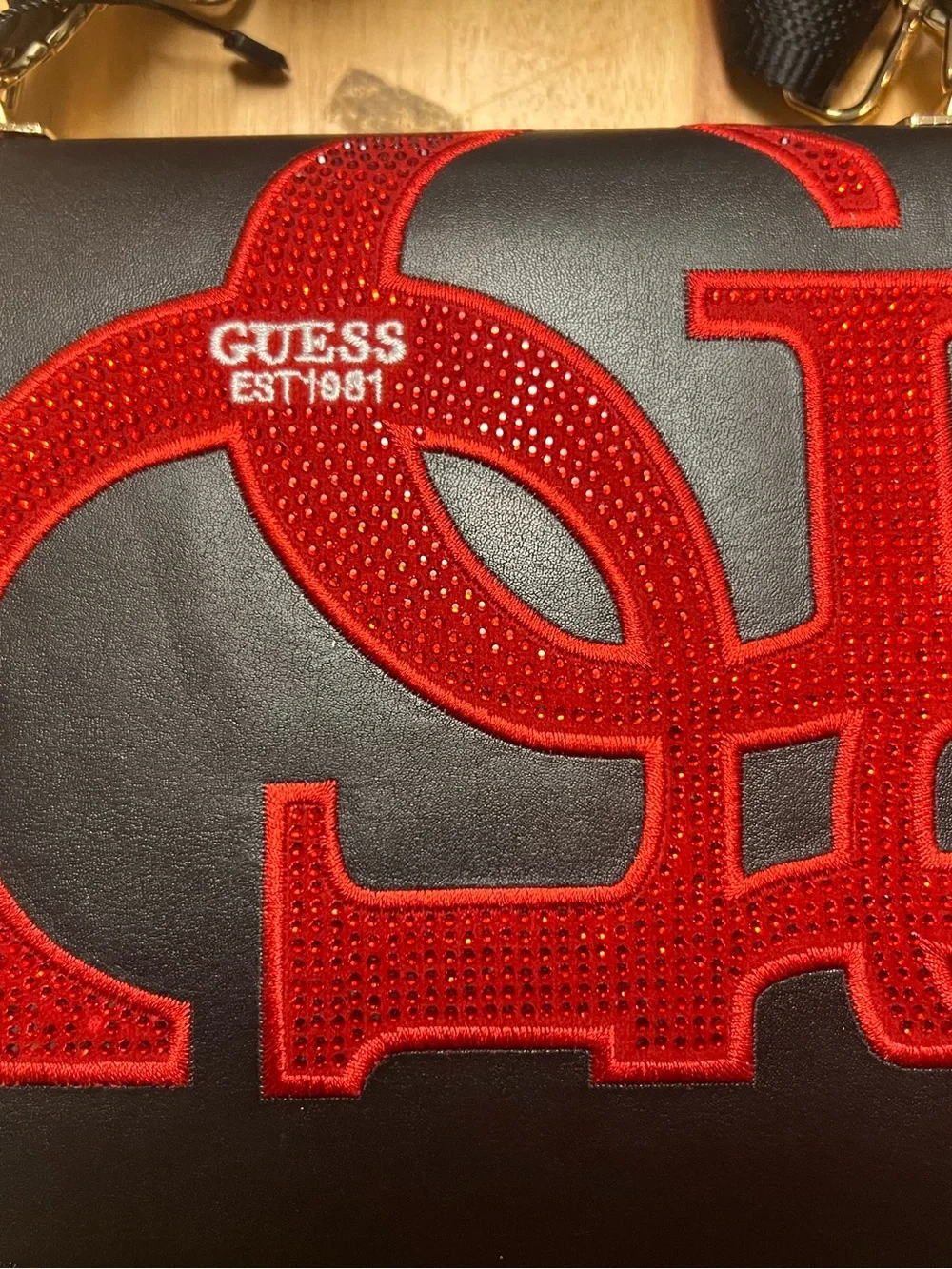 Guess Black Shoulder Laptop shape Bag with Red Logo and Branded Strap